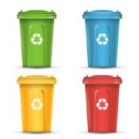 recipientes realistas para reciclagem de vetor de triagem de resíduos. conjunto de baldes vermelhos, verdes, azuis e amarelos.