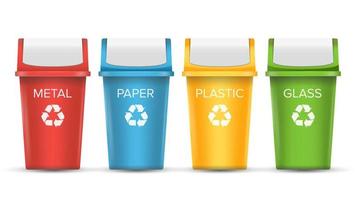 vetor colorido de lixeiras de reciclagem. conjunto de baldes de recipientes realistas vermelhos, verdes, azuis e amarelos. isolado no fundo branco