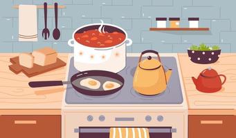 cozinhar alimentos, ferver água, estufar e fritar pratos no fogão da cozinha. utensílios de cozinha no interior da cozinha em casa. ilustração vetorial plana vetor