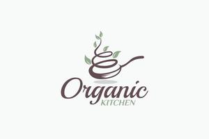 logotipo de cozinha orgânica com uma combinação de wok e plantas orgânicas. vetor