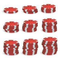 vetor de pilhas de fichas de poker vermelho. Conjunto realista 3D. fichas de jogo de pôquer de plástico sinal isolado no fundo branco. jackpot de cassino, ilustração de sucesso.