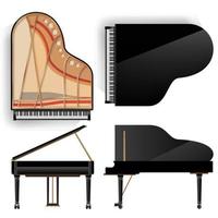 vetor de conjunto de piano de cauda. top de piano de cauda preto realista e vista traseira. aberto e fechado. ilustração isolada. instrumento musical.