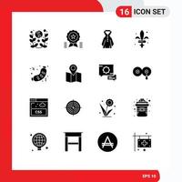 16 sinais de glifos sólidos universais, símbolos de churrasco, arma, medalha, espada, elementos de design de vetores editáveis chuvosos