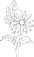 página de livro de colorir vetor de contorno preto e branco para adultos e crianças flores girassol susun de olhos pretos com folhas.