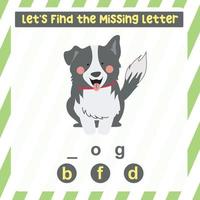 planilha de letras perdidas. complete as letras para nomes de animais em inglês. jogo educacional para crianças. planilha imprimível para pré-escola. prática da escrita. arquivo vetorial. vetor