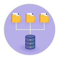 armazenar dados no banco de dados. conceito de backup de arquivo. repositório da empresa. conceito de acesso ao banco de dados. os arquivos conectados ao banco de dados isolados em fundo violeta. ilustração em vetor design plano.