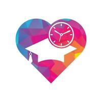 design de logotipo de vetor de conceito de forma de coração de tempo de estudo. chapéu de formatura com design de ícone de relógio.