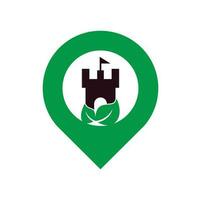 castelo com logotipo de vetor de ícone de folha e gps. vetor de conceito de design de logotipo de castelo de natureza.