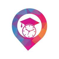 design de logotipo de vetor de conceito de forma de gps de tempo de estudo. chapéu de formatura com design de ícone de relógio.