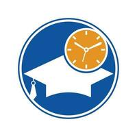 design de logotipo de vetor de tempo de estudo. chapéu de formatura com design de ícone de relógio