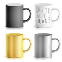 copo realista, vetor de conjunto de caneca. branco, preto, prata, cromo, copo dourado isolado no fundo branco. modelo de caneca clássica com ilustração de alça. para marca comercial