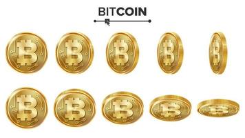 conjunto de vetores de moedas de ouro 3d bitcoin. realista. inverta ângulos diferentes. dinheiro da moeda digital. ícones de moedas de finanças de criptografia, assine. moeda isolada no branco