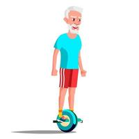 velho no vetor de hoverboard. andando na scooter giroscópio. scooter elétrico de autoequilíbrio de uma roda. pessoa positiva. ilustração isolada