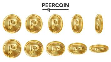 conjunto de vetores de moedas de ouro 3d peercoin. realista. inverta ângulos diferentes. dinheiro da moeda digital. conceito de investimento. ícones de moedas de finanças de criptografia, assine. fintech blockchain. moeda isolada no branco