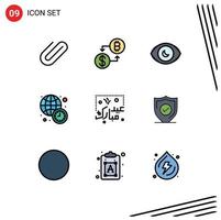 pacote de 9 cores planas de linhas preenchidas criativas de elementos de design de vetores editáveis do relógio de ponto de notícias do mundo de mubarak