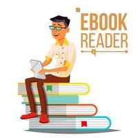 vetor de leitor de e-book. cara. educação contemporânea. pilha de livros. livro didático tradicional versus ebook. ilustração plana isolada dos desenhos animados