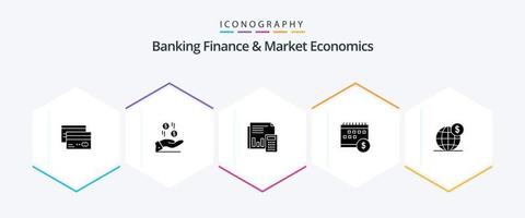 finanças bancárias e economia de mercado pacote de ícones de 25 glifos, incluindo cálculo. orçamento. dólar. bancário. auditoria vetor