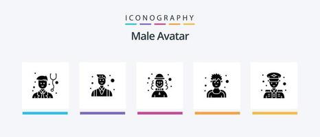 pacote de ícones de 5 ícones de avatar masculino, incluindo segurança policial. polícia. palhaço. desportista. exercitador. design de ícones criativos vetor