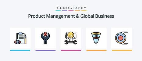 gerenciamento de produtos e linha de negócios global preencheu o pacote de 5 ícones, incluindo escolha. candidato. filtragem. Produção. gestão. design de ícones criativos vetor