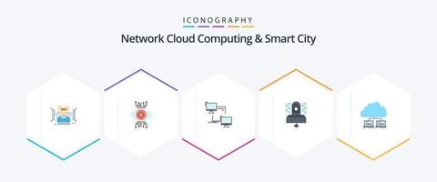 computação em nuvem de rede e pacote de ícones planos de 25 cidades inteligentes, incluindo transmissão. satélite. visão. computador. conexão vetor