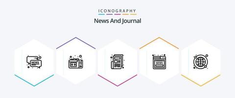 pacote de ícones de 25 linhas de notícias, incluindo em todo o mundo. globo. jornal. global. on-line vetor