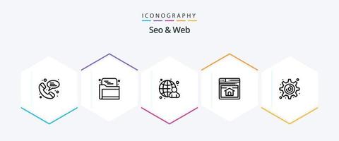 pacote de ícones de linha 25 seo e web, incluindo configurações. roda dentada. globo. pagina inicial. rede vetor