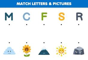 jogo educacional para crianças combinar letras e fotos de desenhos animados fofos nuvem flor montanha sol rocha folha de trabalho imprimível da natureza vetor