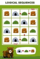 jogo de educação para crianças sequência lógica ajuda urso de desenho animado fofo classificar arbusto de caverna e tora de madeira do início ao fim planilha de natureza imprimível vetor