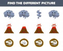 jogo de educação para crianças encontre a imagem diferente em cada linha de folha de trabalho de natureza imprimível fóssil de fumaça de desenho animado bonito vetor