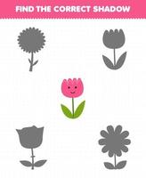 jogo de educação para crianças encontre o conjunto de sombra correto de folha de trabalho de natureza imprimível de flor rosa de desenho animado bonito vetor