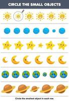 jogo educacional para crianças circule o menor objeto em cada linha de lindo desenho animado sol planeta estrela lua folha de trabalho imprimível da natureza vetor