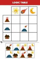 jogo de educação para crianças tabela de lógica desenho animado sol meteoro lua jogo com casa de montanha vulcão planilha de natureza imprimível vetor