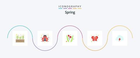 pacote de ícones de primavera plana 5, incluindo natureza. potência. flor. erro. borboleta vetor