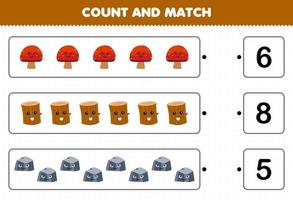 jogo de educação para crianças conte o número de pedra de tora de madeira de cogumelo bonito dos desenhos animados e combine com os números certos planilha de natureza imprimível vetor