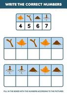 jogo de educação para crianças escreva os números certos na caixa de acordo com as fotos de raiz de solo de ramo de folha de bordo fofas na planilha de natureza imprimível da mesa vetor