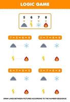 jogo de educação para crianças desenhar linhas de acordo com as sequências numéricas de desenho bonito nuvem trovão floco de neve fogo fotos planilha de natureza imprimível vetor