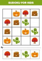 jogo de educação para crianças sudoku para crianças com folha de trabalho de natureza imprimível de madeira de cogumelo de desenho animado cacto abóbora vetor