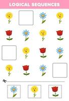 jogo de educação para crianças sequências lógicas para crianças com folha de trabalho de natureza imprimível de flor de desenho animado bonito vetor