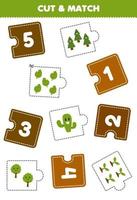 jogo educacional para crianças, corte peças de quebra-cabeça e combine por número de planilha de natureza imprimível de árvore de desenho animado fofa vetor