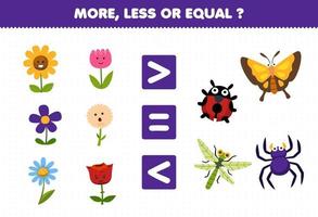 jogo educacional para crianças mais, menos ou igual, conte a quantidade de flor de desenho animado fofa e planilha de natureza imprimível de bug