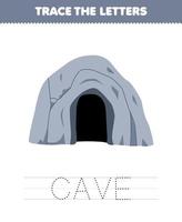 jogo de educação para crianças rastreie a carta da planilha de natureza imprimível da caverna de desenho animado fofa vetor