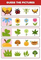 jogo educacional para crianças, adivinhe as imagens corretas de desenho bonito, folha de flor de borboleta, grama laranja, planilha de natureza imprimível vetor