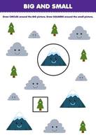 jogo educacional para crianças organize por tamanho grande ou pequeno desenhando círculo e quadrado de folha de trabalho de natureza imprimível de árvore de montanha de nuvem de desenho animado bonito vetor