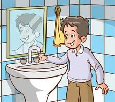 menino fechando a torneira no vetor de desenhos animados do banheiro