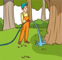 vetor de desenhos animados de homem regando árvores
