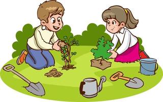 crianças plantando vetor de desenhos animados de plantas