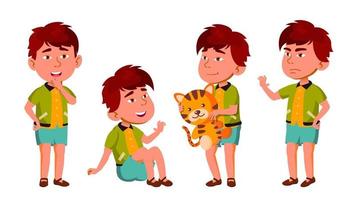 as poses da criança do jardim de infância do menino asiático definem o vetor. crianças amigáveis. fofo, cômico. para web, brochura, design de cartaz. ilustração isolada dos desenhos animados vetor