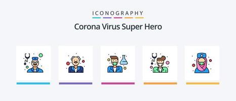 a linha de super-heróis do vírus corona preencheu o pacote de 5 ícones, incluindo médico. Cuidado. Velhote. enfermeira. doutor. design de ícones criativos vetor