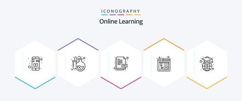 pacote de ícones de 25 linhas de aprendizado on-line, incluindo boné de formatura. rede. teste on-line. on-line. estudar vetor