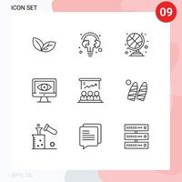 pacote de linha vetorial editável de 9 contornos simples de elementos de design vetorial editáveis de computador de vigilância de lâmpada de apresentação do usuário vetor